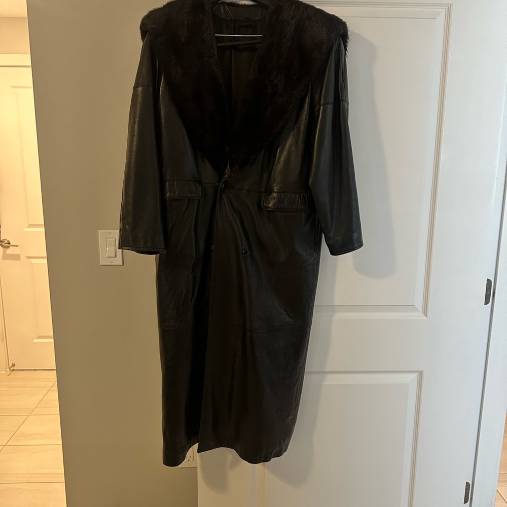 Women's Black Leather Coat with Fur Collar